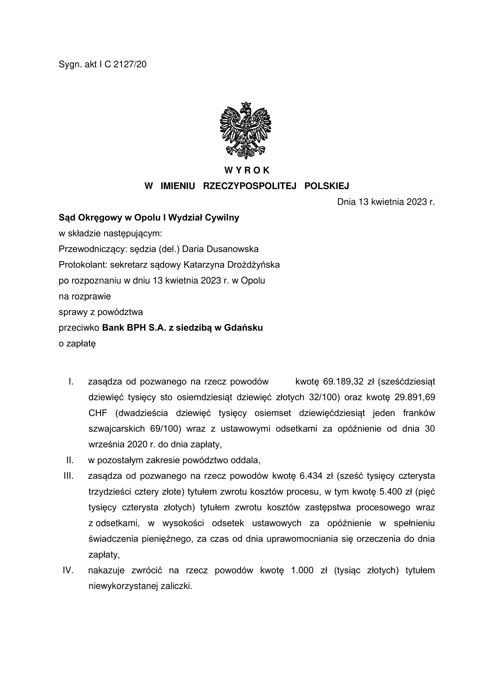 wyrok z Bankiem BPH S.A. z siedzibą w Gdańsku