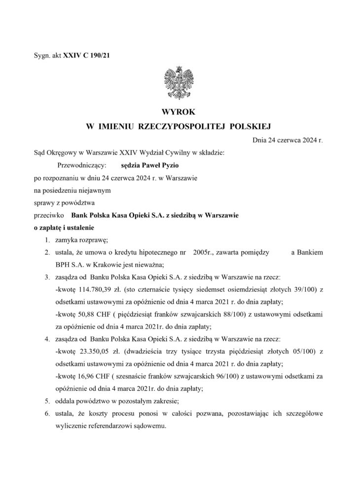 wyrok w sprawie frankowej z Bankiem Pekao S.A.