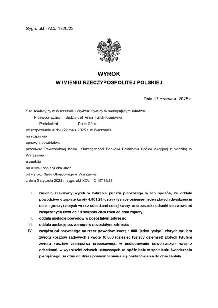 wygrana prawomocna z Bankiem PKO BP S.A. Z DNIA 17 czerwca 2025
