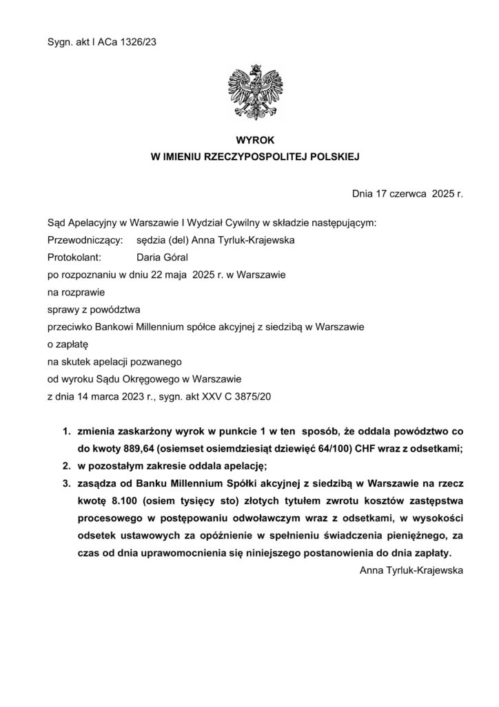 wyrok prawomocny Bank Millennium S.A. z dnia 17.06.2025