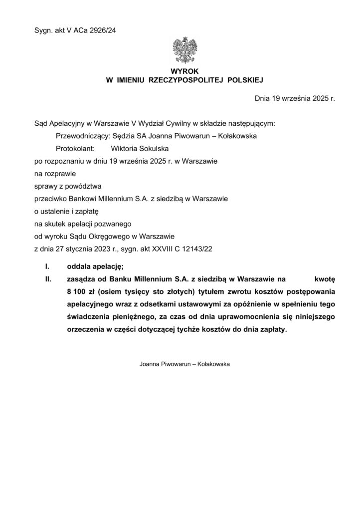 Prawomocna wygrana z Bankowi Millennium S.A