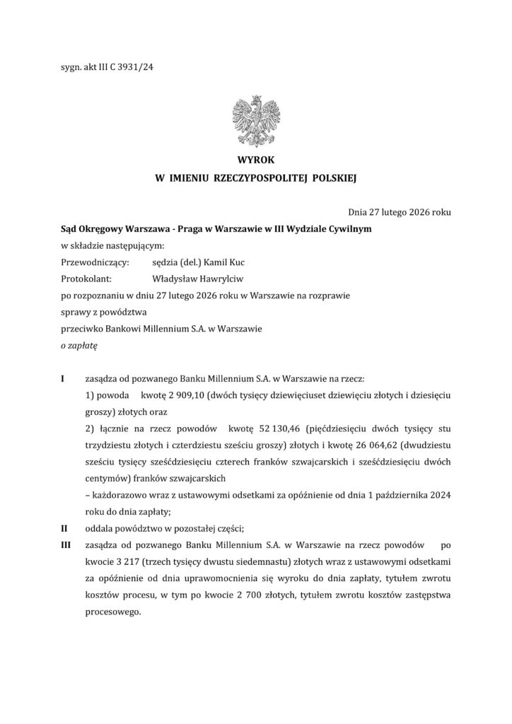 wyrok z Bankiem Millenium z dnia 27 lutego 2026. 