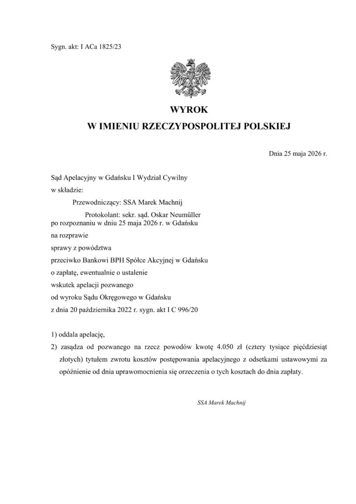 Sygn. akt: I ACa 1825/23 - wyrok kredyt w chf