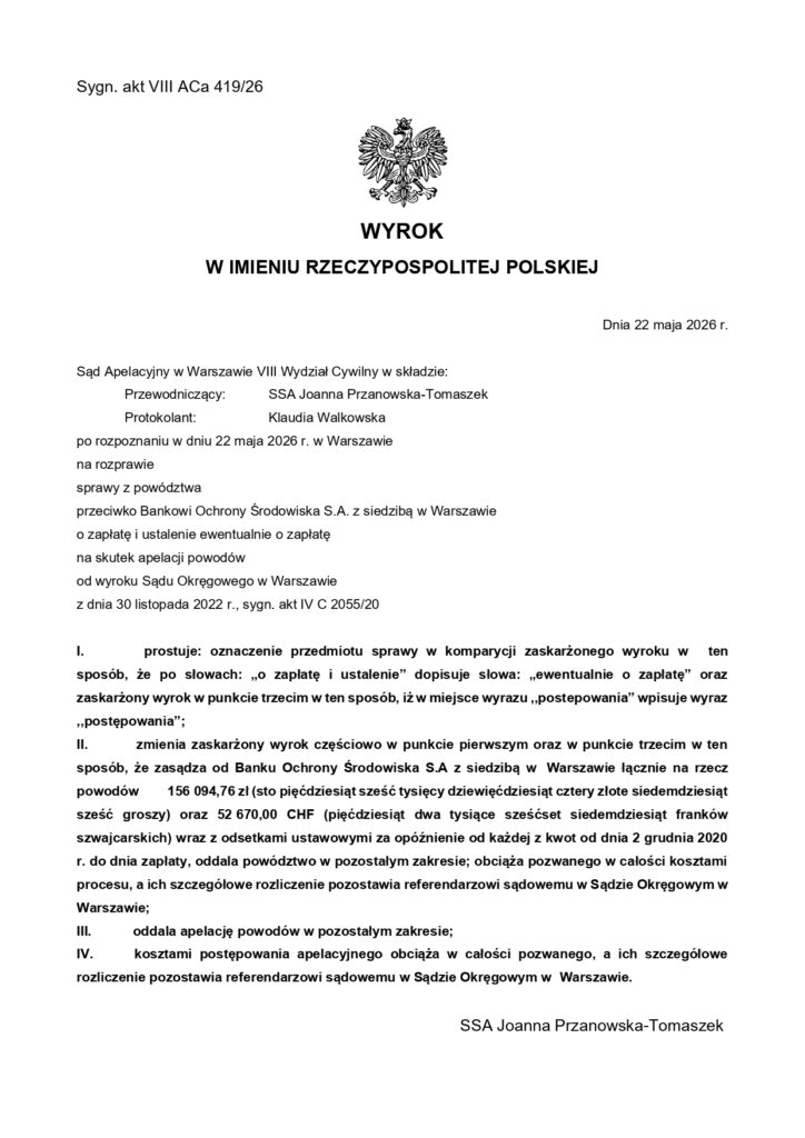 wyrok frankowy z Bankowi Ochrony Środowiska S.A